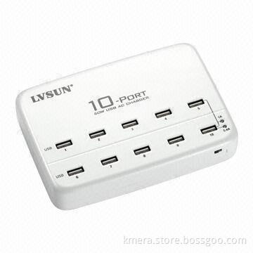 60W USB AC Charger with 10-port, 100-240V AC, 1.3A 50/60Hz Input